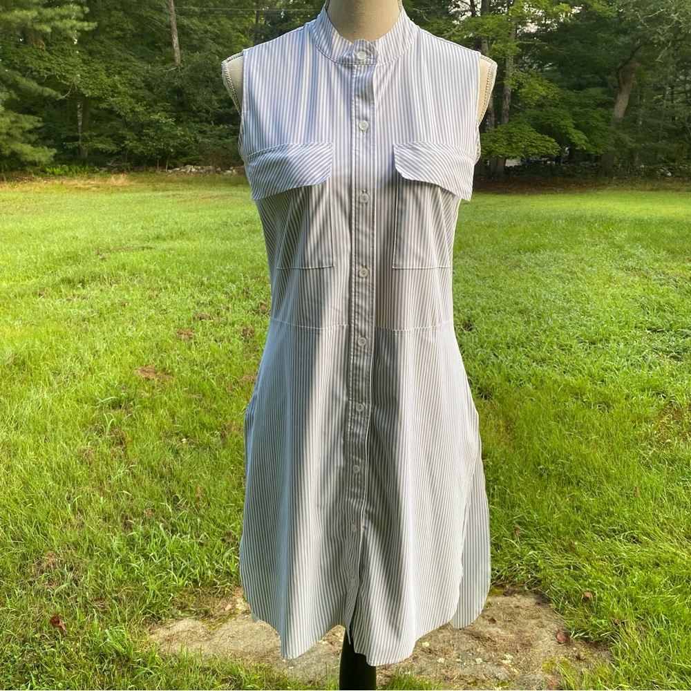 LYSSE DRESS BLUE WHITE SEERSUCKER STRIPE SLEEVELESS HIGH LOW HEM SIZE S